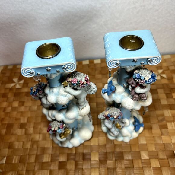 DREAMSICLES 7”Cherubs Candlesticks X2 BY DANBURY MINT Baby Blue w/ Stars Clouds - Picture 13 of 16